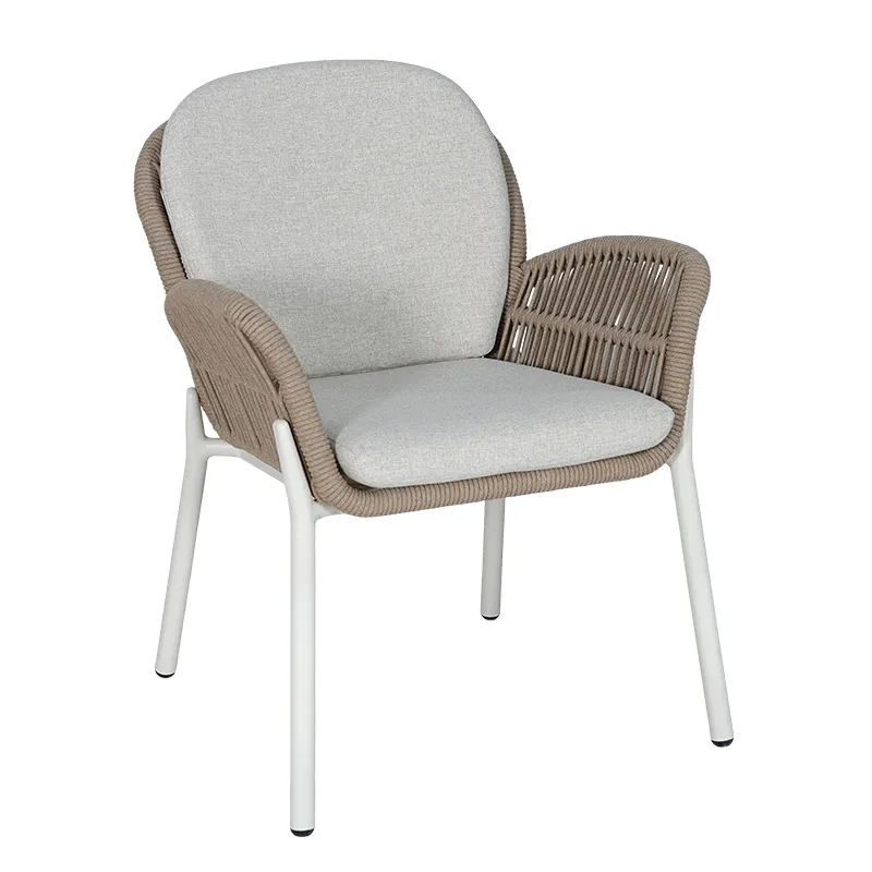 Rope Weave Outdoor Armchair Modern Patio Chair with Curved Rope Armrests & Soft Cushion