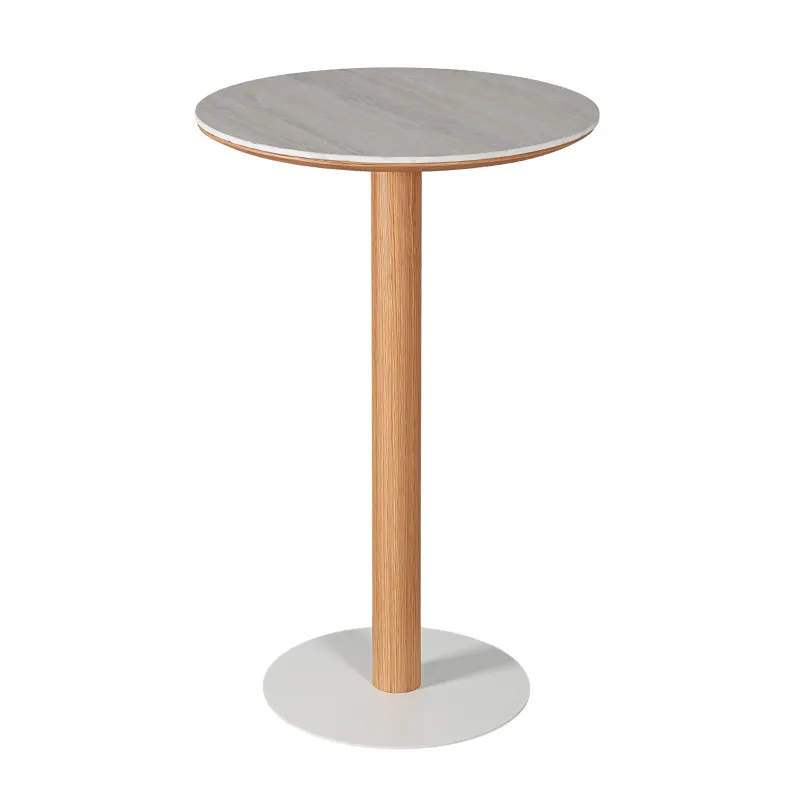 Coastal Minimal Outdoor Round Bar Table Patio High Table with Stone Look Top and Wood-Look Column