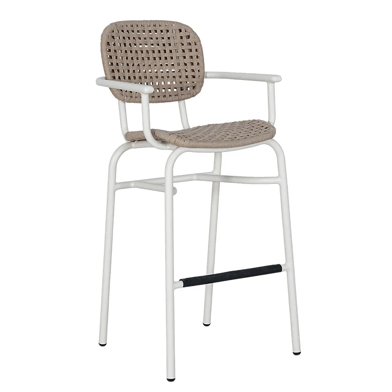 Beige-Gray Rope Weave Outdoor Bar Stool Modern Patio Bar Chair with Square Rope Backrest & Footrest