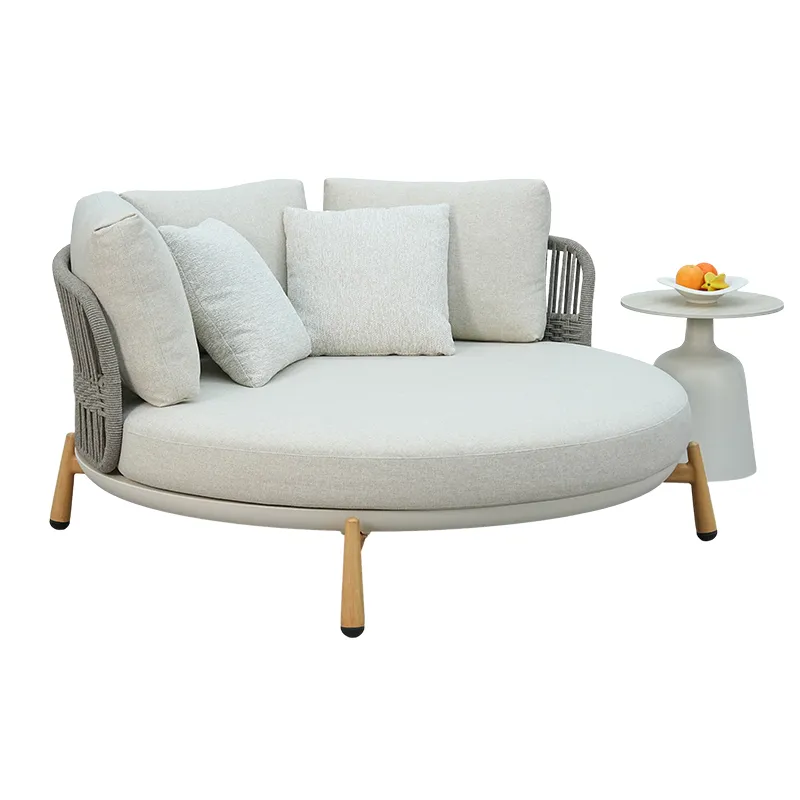Rope Weave Outdoor Daybed Modern Patio Round Daybed with Cushions & Rope Side Panels