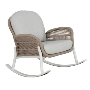 Beige-Gray Rope Weave Outdoor Rocking Chair Modern Rocking Patio Chair with Curved Base & Soft Cushion