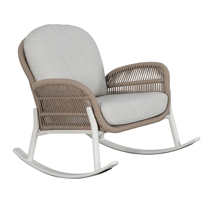 Beige-Gray Rope Weave Outdoor Rocking Chair Modern Rocking Patio Chair with Curved Base & Soft Cushion