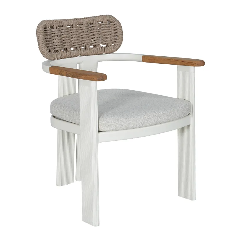 Off‑White Fluted Rope Weave Outdoor Dining Armchair Modern Textured Patio Dining Chair with Teak Armrest & Fabric Cushion