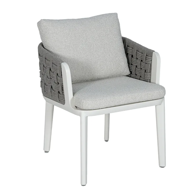Gray & White Patchwork Outdoor Dining Armchair Modern Patio Dining Chair with Dual-Side Rope Weave Armrests