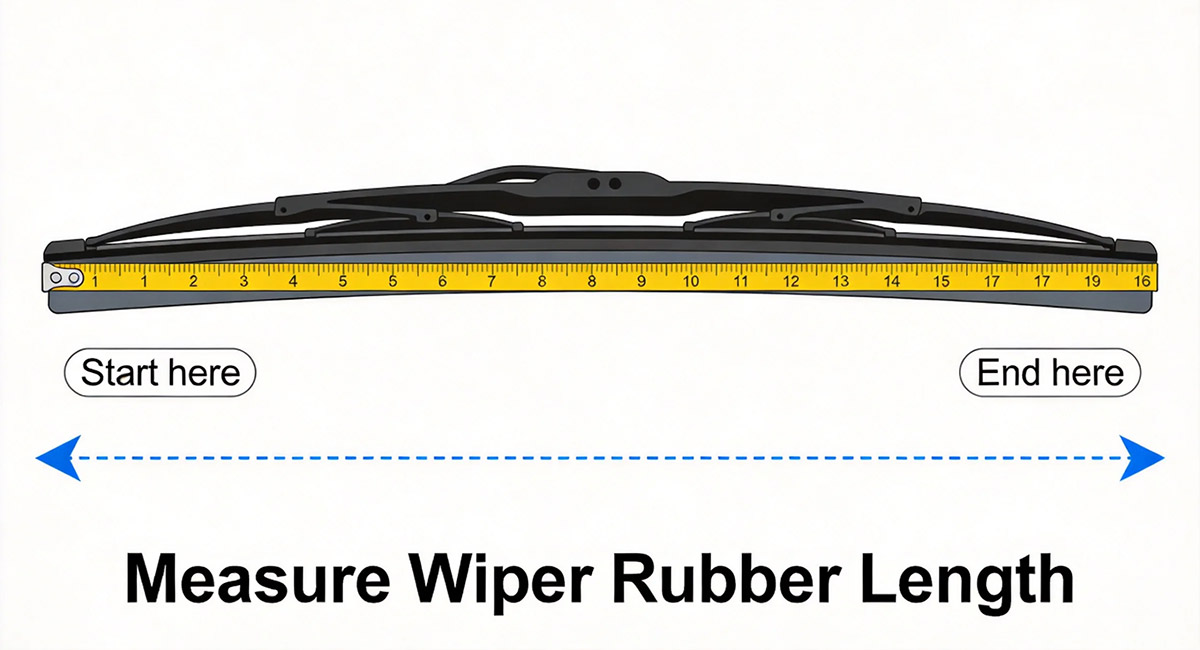 measuring wiper blade length with tape measure on windshield