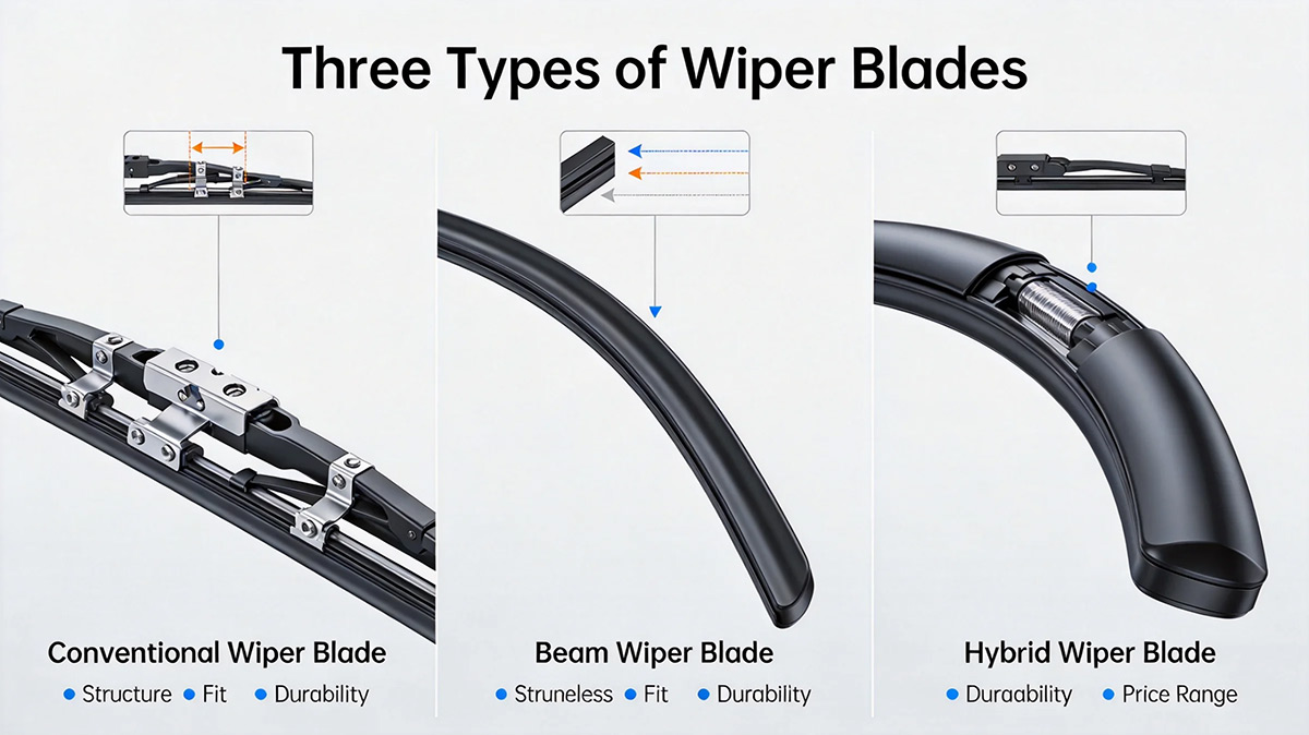 Comparison of traditional frame, beam, and hybrid wiper blade types