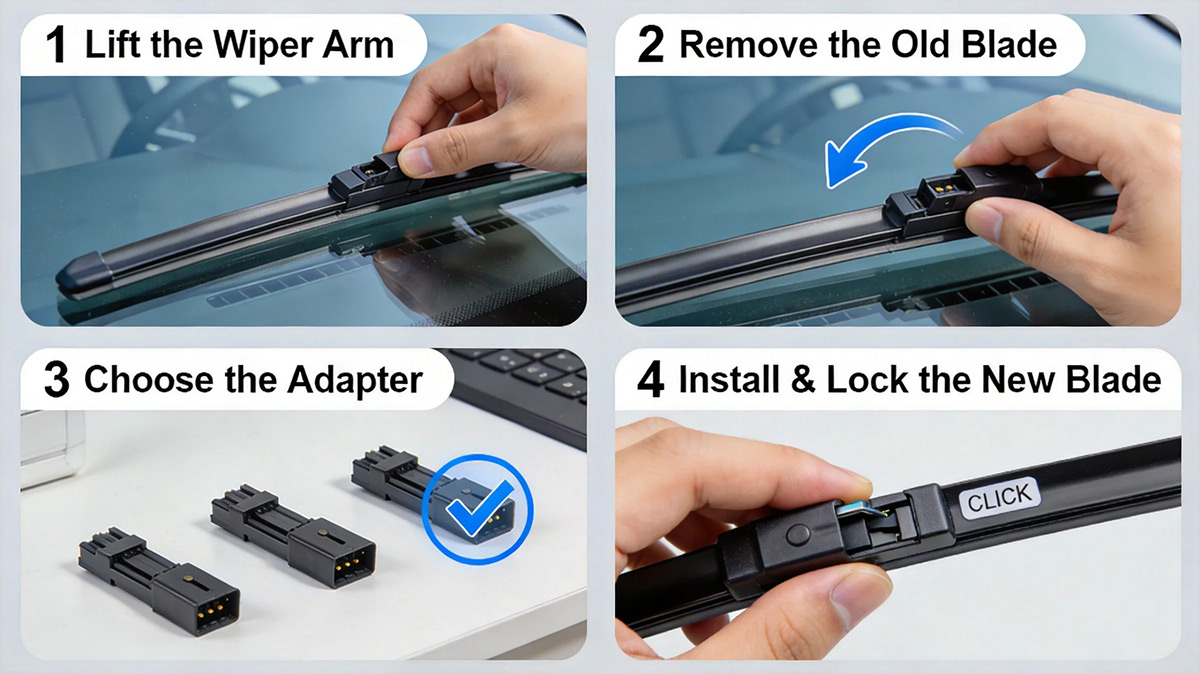 How to install wiper blades – remove, attach adapter, and click into place