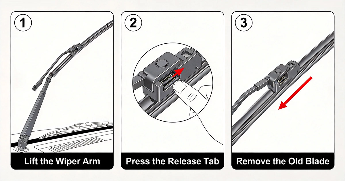 step by step guide to replace wiper blades lifting arm pressing release tab attaching new blade