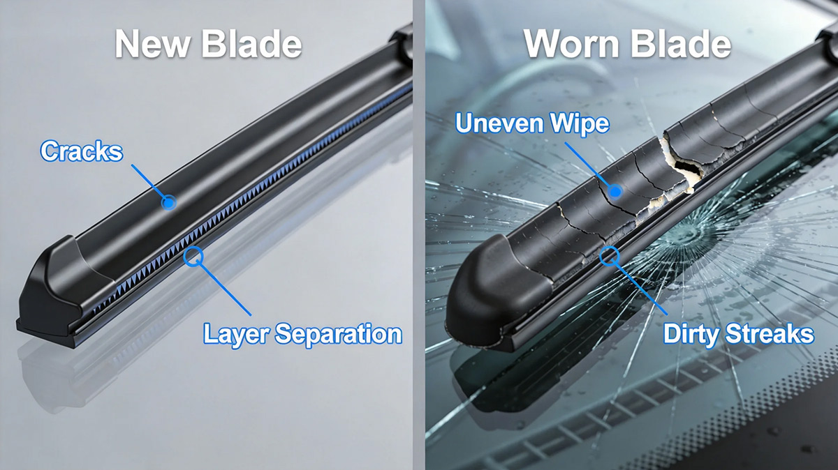 Signs of worn wiper blades: cracking, splitting, and streaking on windshield