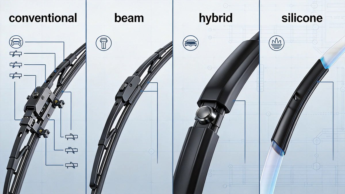four types of windshield wiper blades conventional bracket beam hybrid and silicone