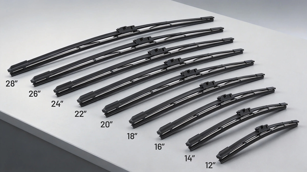 Wiper blade sizes guide showing different windshield wiper blade lengths for vehicles