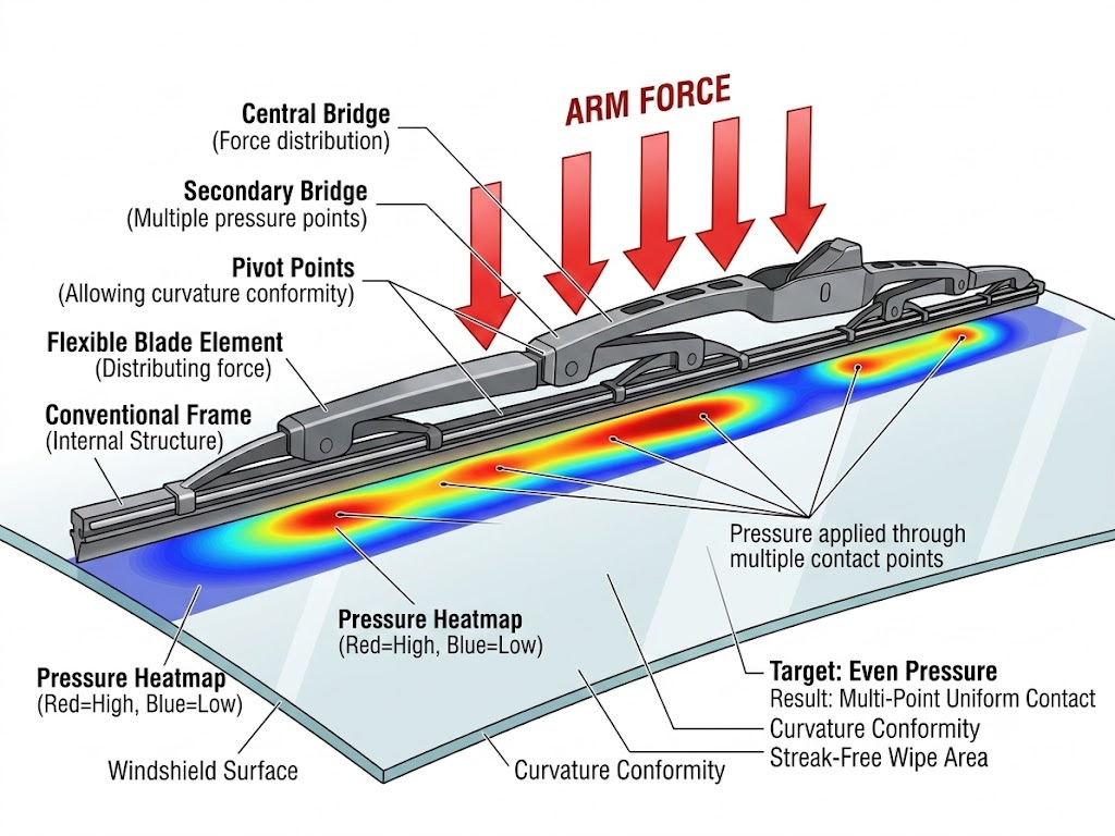 How conventional metal frame wiper blade distributes pressure on windshield surface