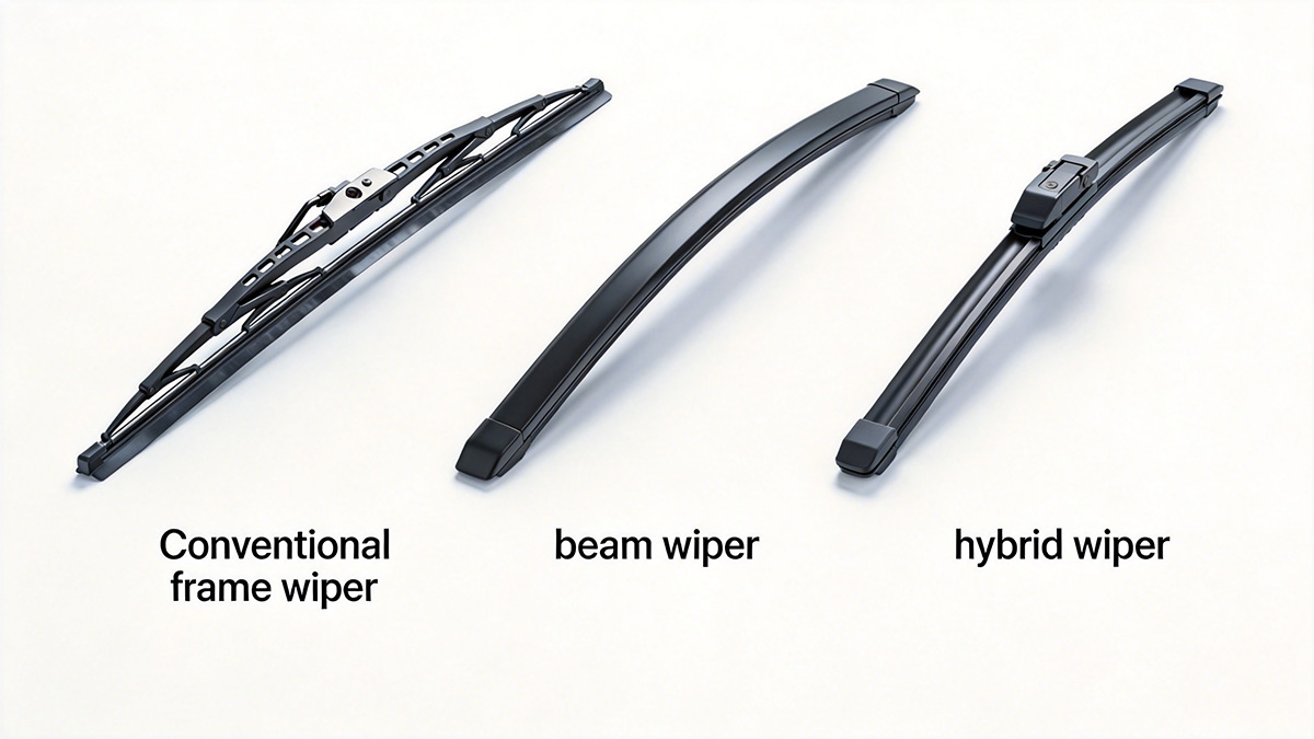 Three types of wiper blades side by side – conventional, beam, hybrid
