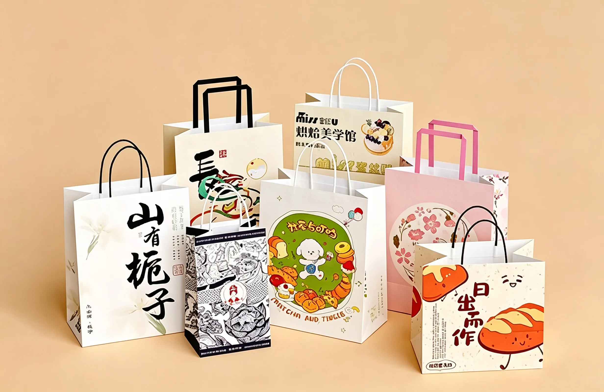 Custom printed paper carrier bags with colorful designs and handles