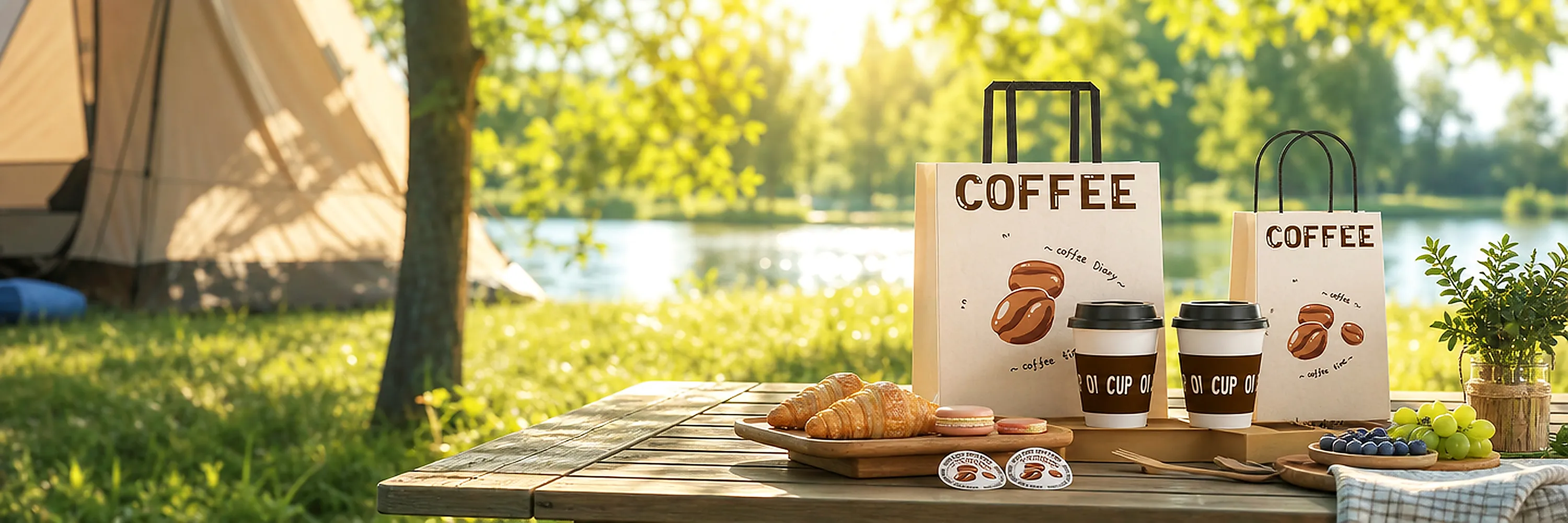 Printed coffee paper bags and takeaway cups on an outdoor picnic table