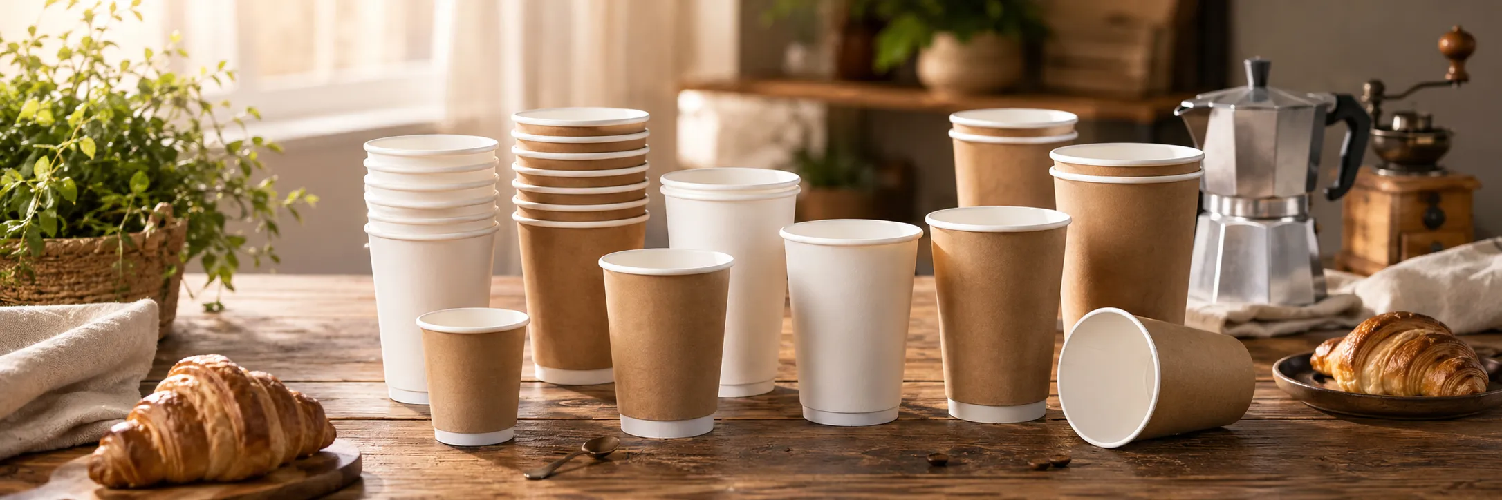Kraft and white paper cups in assorted sizes on a cafe table