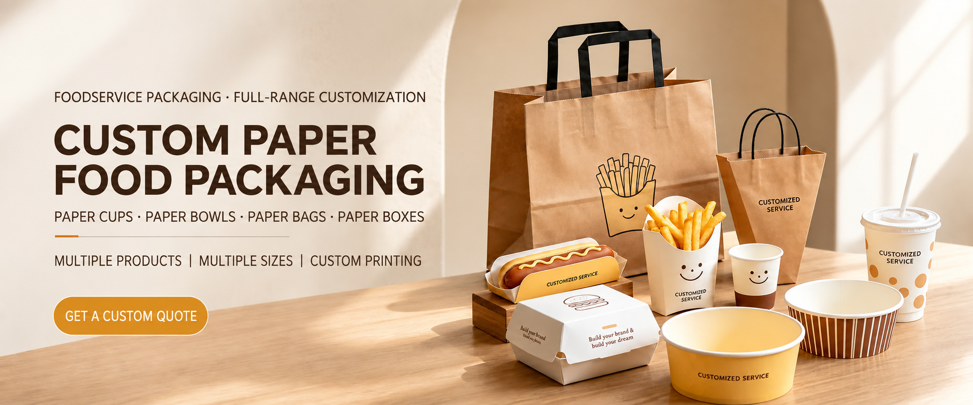 Custom paper cups and paper bags shown with other foodservice packaging