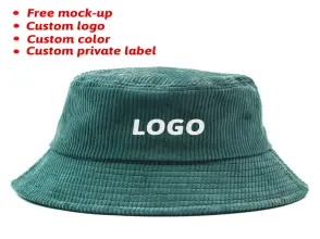 Custom Embroidery logo Fisherman Solid Fashion Hat Ourdoot Flat Top Wide Brim Summer Cap Green Corduroy Satin Lined Bucket Hats