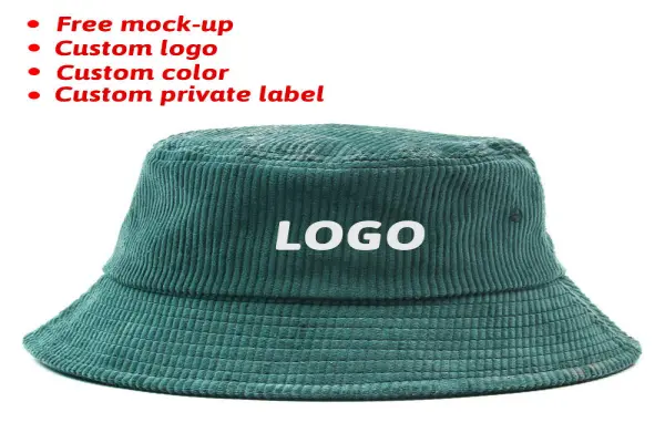 Custom Embroidery logo Fisherman Solid Fashion Hat Ourdoot Flat Top Wide Brim Summer Cap Green Corduroy Satin Lined Bucket Hats