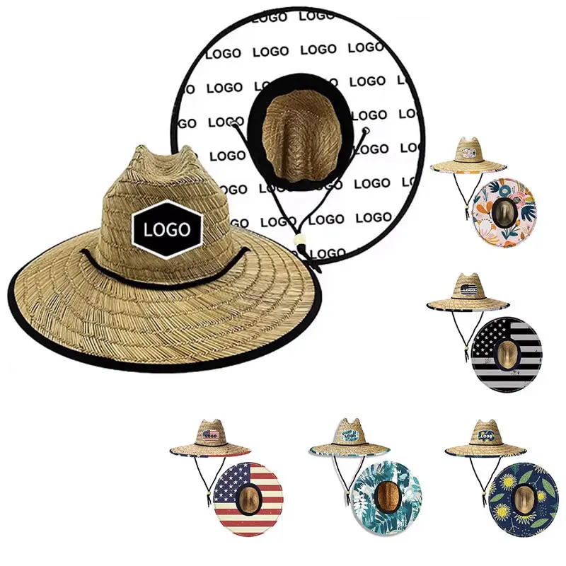 High Quality Natural Hollow Grass Lifeguard Beach Straw Hat Custom logo Wide Brim Bulk Wholesale Sea Straw Hat for Men