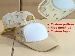 Custom High Quality 5 Pane Foam Khaki and White Blank Rope Cross Digitally Printed Mesh Back Snap Back Trucker Hats for Women