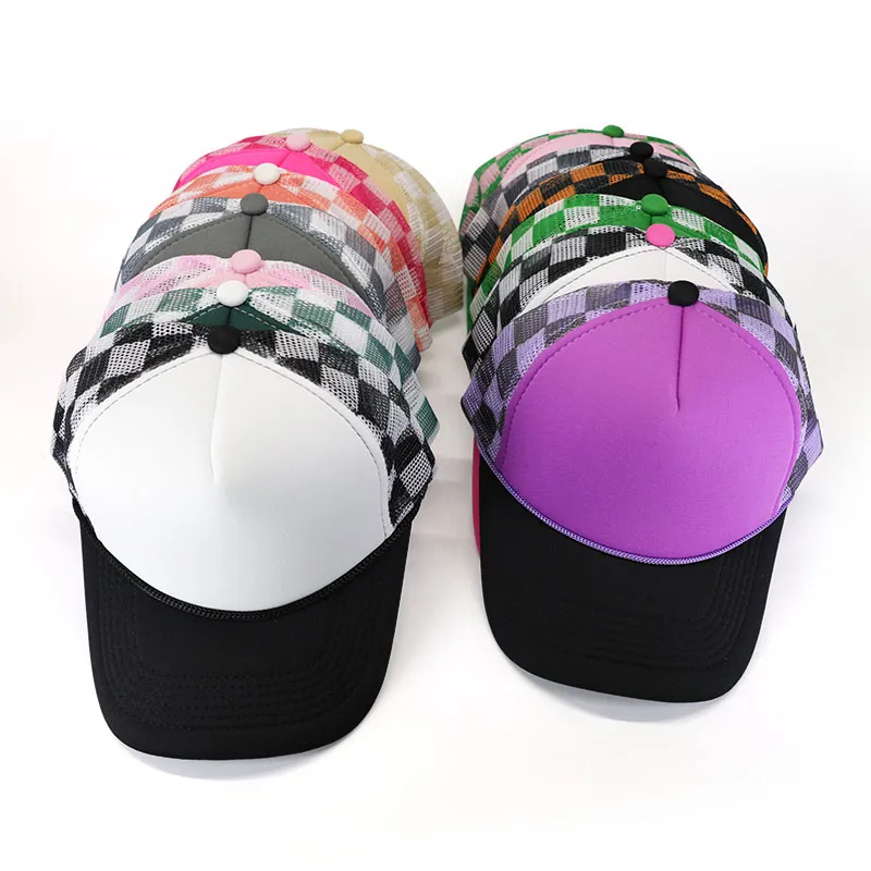 High Quality Tricolor Custom logo Checkered Printed Foam Sports Cap Mesh Trucker Hat for Women Men