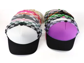 High Quality Tricolor Custom logo Checkered Printed Foam Sports Cap Mesh Trucker Hat for Women Men
