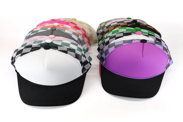 High Quality Tricolor Custom logo Checkered Printed Foam Sports Cap Mesh Trucker Hat for Women Men