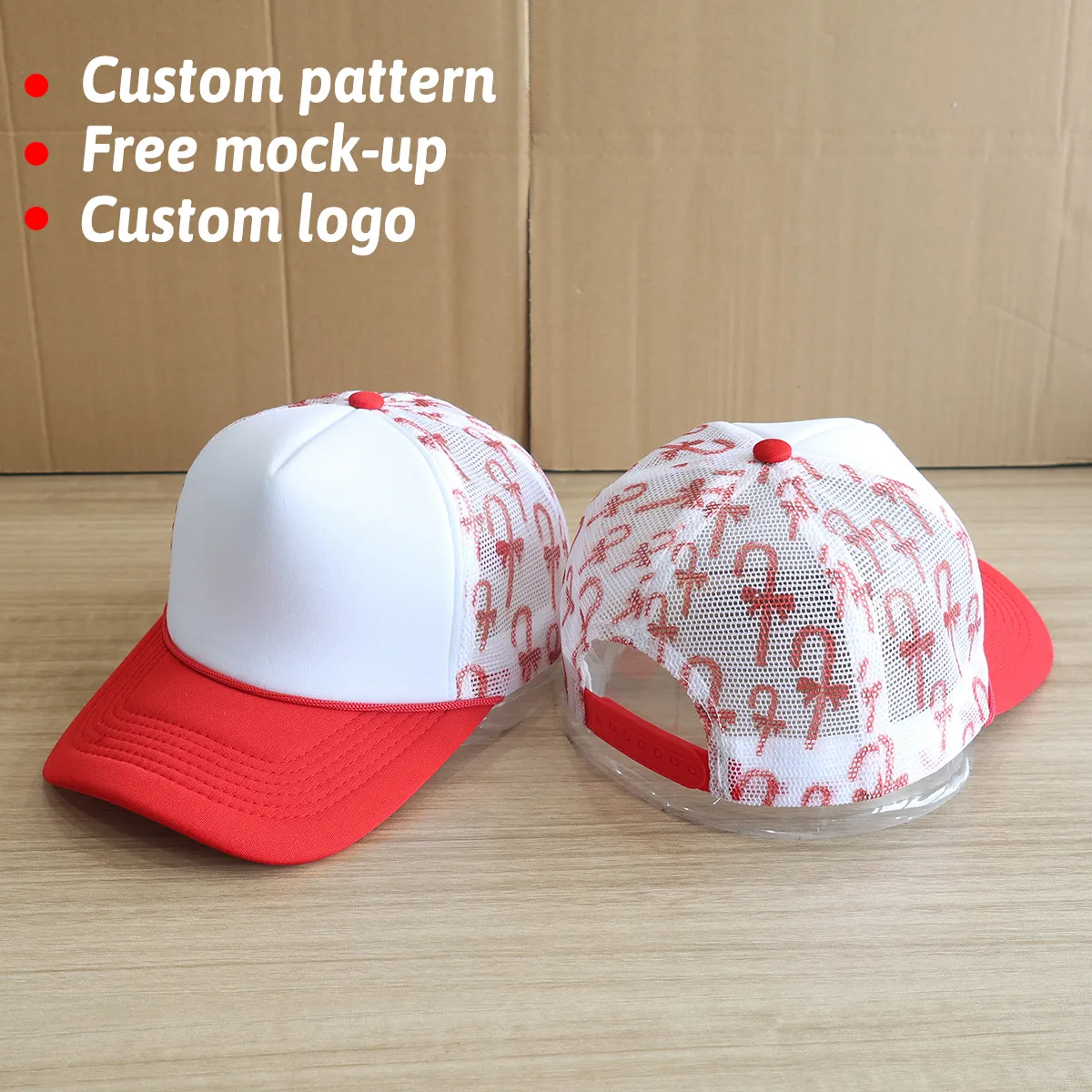 Wholesale 5 Panel Rope Red Foam Plain Pattern Cap High Quality Mesh Custom Christmas Candy Cane Trucker Hat for Women