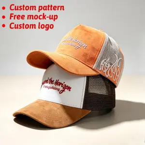 Promotional Custom Embroidery Logo Suede Trucker Hats 2 Two Tone Curved Brim 5 Panel Mesh Suede Baseball Caps