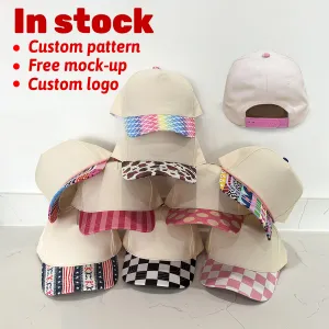 Custom Printed Cow Pink Polka Dot Striped Two Tone Blank Snapback Hat 100% Cotton 5 Panel Trucker Hat Baseball Cap for Women