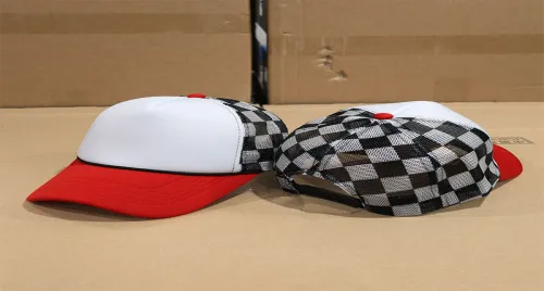 TH10-01 Red Brim black and white checkered foam mesh trucker hat