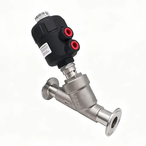 Sanitary S‑type tri‑clamp pneumatic angle seat valve with plastic actuator