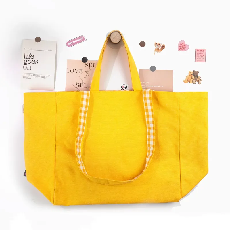 OEM ODM Double Handle Heavy Duty extra Large Yellow Cotton Shoulder Bag Canvas Shopping Tote Bags with Custom Printed logo