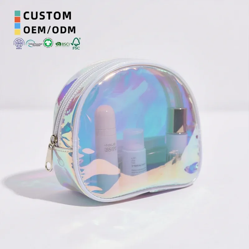 Round TPU Cosmetic Bag Transparent Makeup Storage Pouch Iridescent Gift Case Travel Skincare Organizer for Women