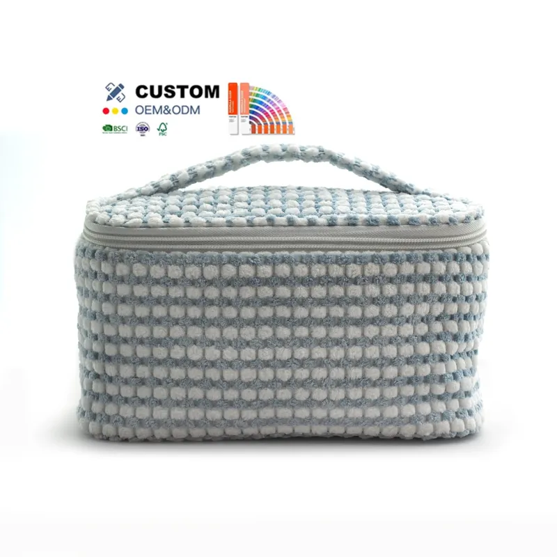 Custom Design Multi-Color Large Zipper Closure Cosmetic Bag Handheld Wash Bag for Ladies Travel Outdoor Flannel Makeup Bag
