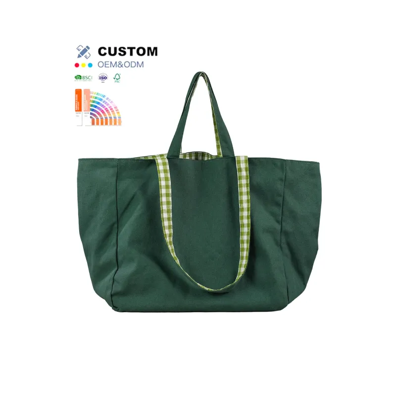 Wholesale Double Handle Blank Over Large Size Green Canvas Shopping Tote Bag with Custom Printed logo