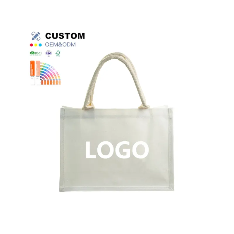Custom logo Reusable Natural Gifts Bolsas De Tela Cotton Jute Burlap Tote Bag for Women