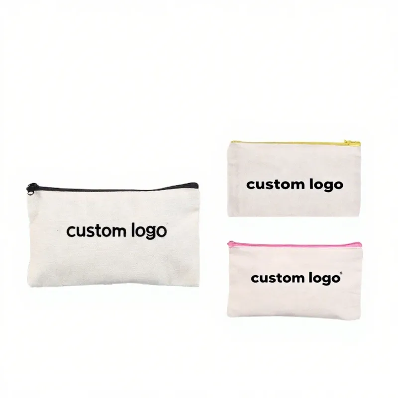 Custom Logo Printed Reusable Organizer Gift Cotton Pouch Fabric Make up Cosmetic Bag Blank Canvas Zipper Pouch Bag