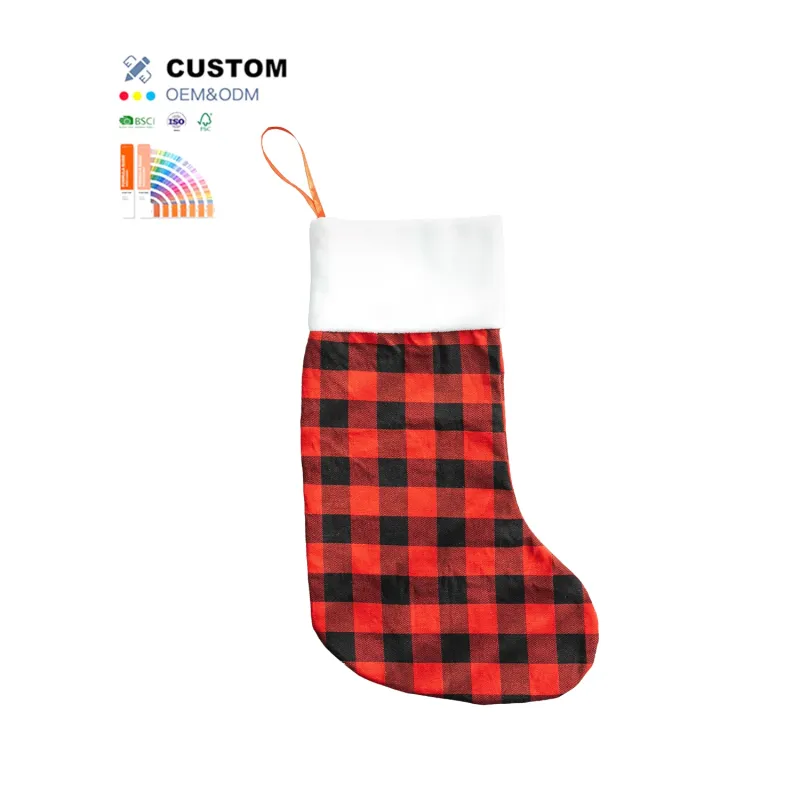 Wholesale Xmas Gift Bag Stocking Black White Red Plaid Stripes Linen Flannel Ornament Christmas Stockings for Custom Decoration