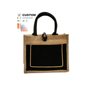 Custom Logo Linen Tote Bag Wholesale Cheap Gift Grocery Shopping Beach Natural Reusable Personalized Jute Tote Bag With Pocket
