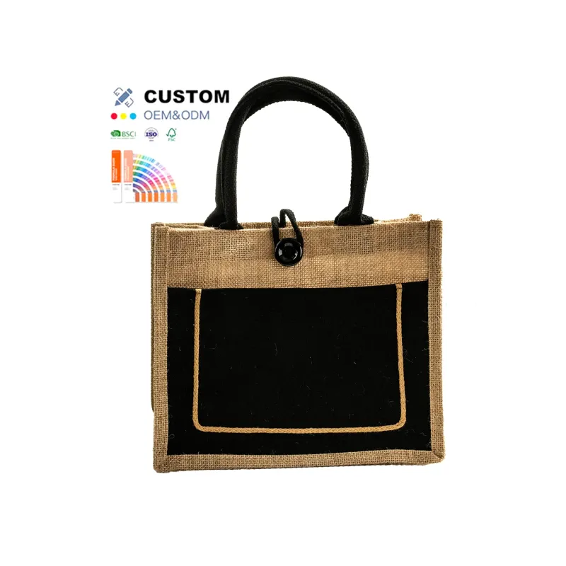 Custom Logo Linen Tote Bag Wholesale Cheap Gift Grocery Shopping Beach Natural Reusable Personalized Jute Tote Bag With Pocket