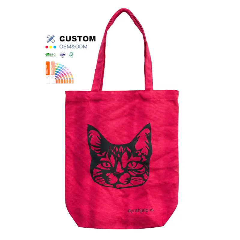 Best Sell Reusable Grocery Bag Cotton Canvas Shopping Tote Bag Custom Printed Rose Pink Cat Letter Pattern Zhejiang Canvas Bag