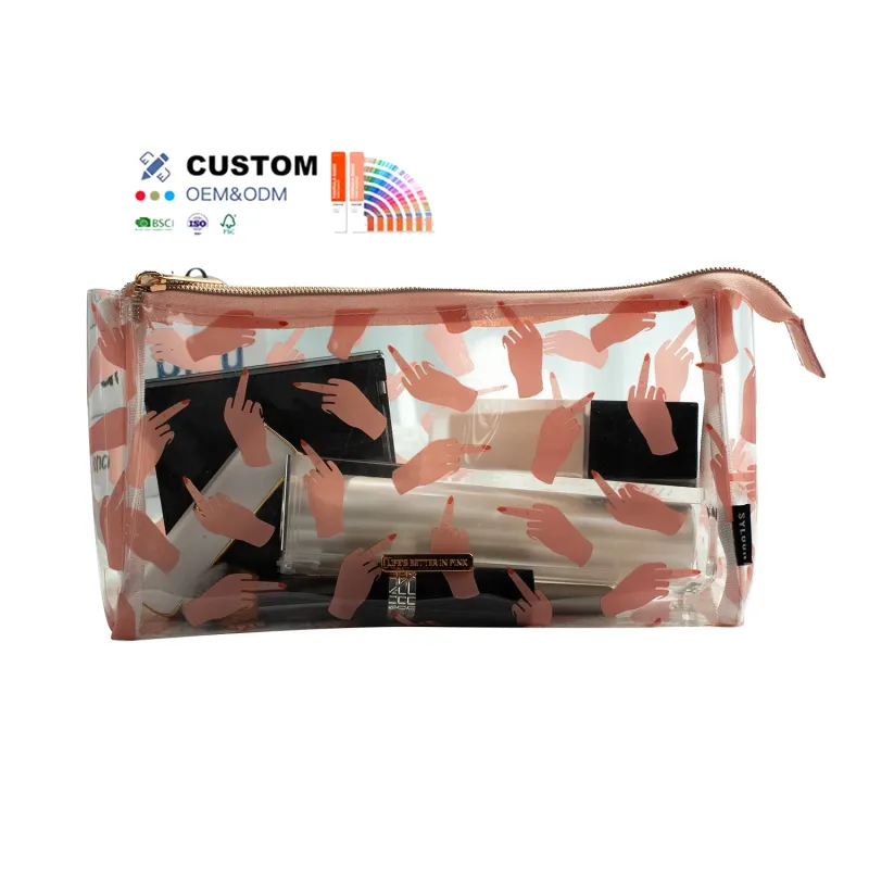 Custom Pvc Cosmetic Bag Letter Logo Make up Brush Set Gesture Pattern Pencil Bags Travel Pink Makeup Brush Bag With Zipper