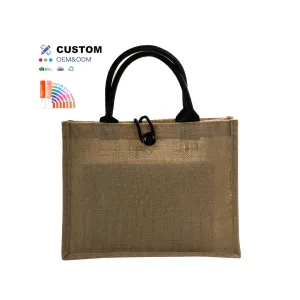 Custom Logo Natural Flat Bottom Shopping Bag Reusable Woman Fashion Handle Gift Bag Sublimation Jute Tote Bag With Button Design