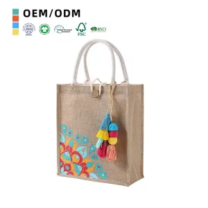 Reusable Small Jute Tote Bag with Rope Handle Waterproof Beach Foldable for Women Grocery & Gift Use