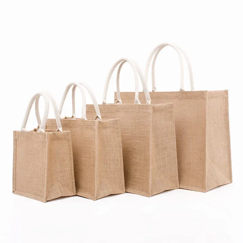 Wholesale Large Natural Recycle Foldable Reusable Plain Jute Shopping Tote Custom Printed Promotional Beach Burlap Tote Bags