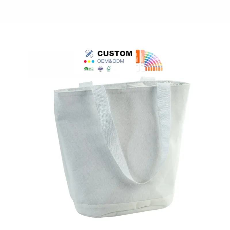 Custom White Cotton Jute Handbag Women Beach Travel EVA PEVA Waterproof Inner Lining Lunch Cooler Tote Bag With Zip