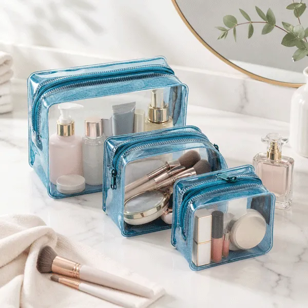 Clear Blue PVC Travel Cosmetic Bag Set Portable Toiletry Pouch