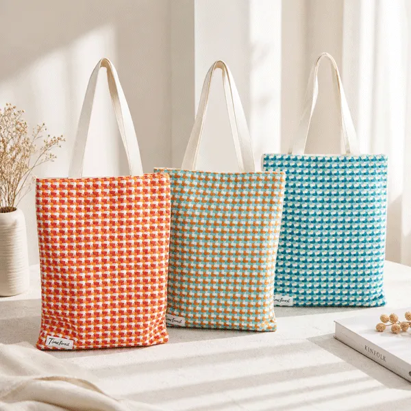 Plaid Woven Large Capacity Canvas Tote Bag